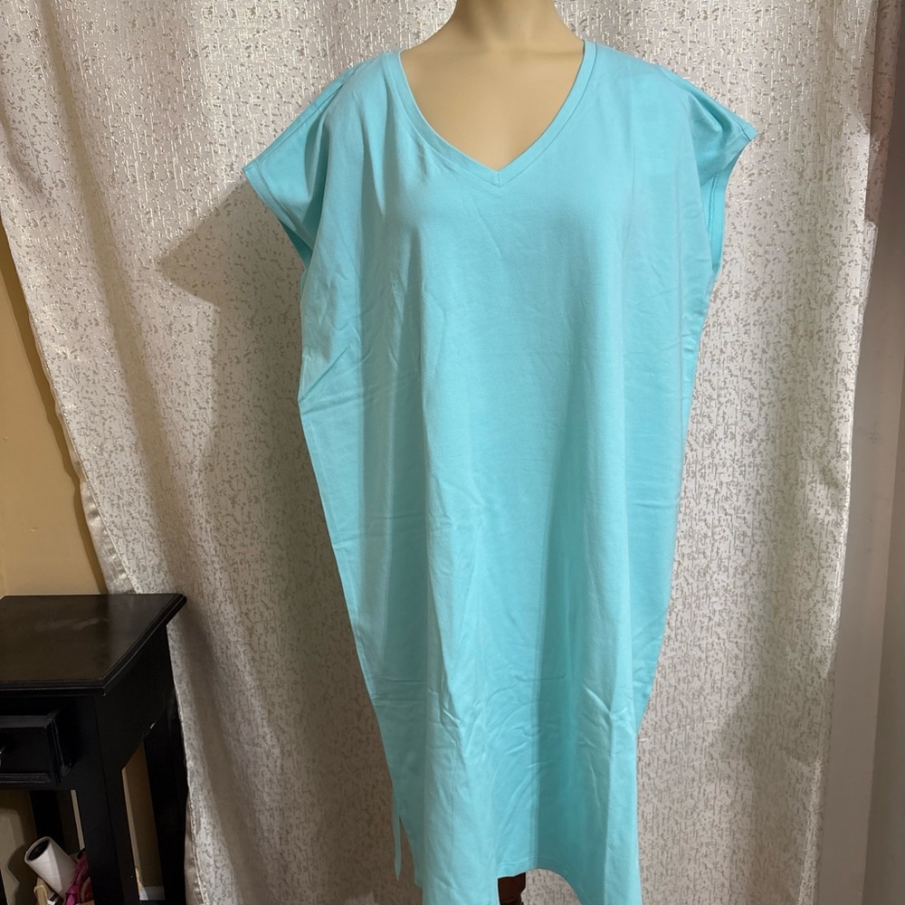 Eileen Fisher Womens Aqua Short Sleeve V Neck Knit Shirt Dress, NWT, SIze Large
